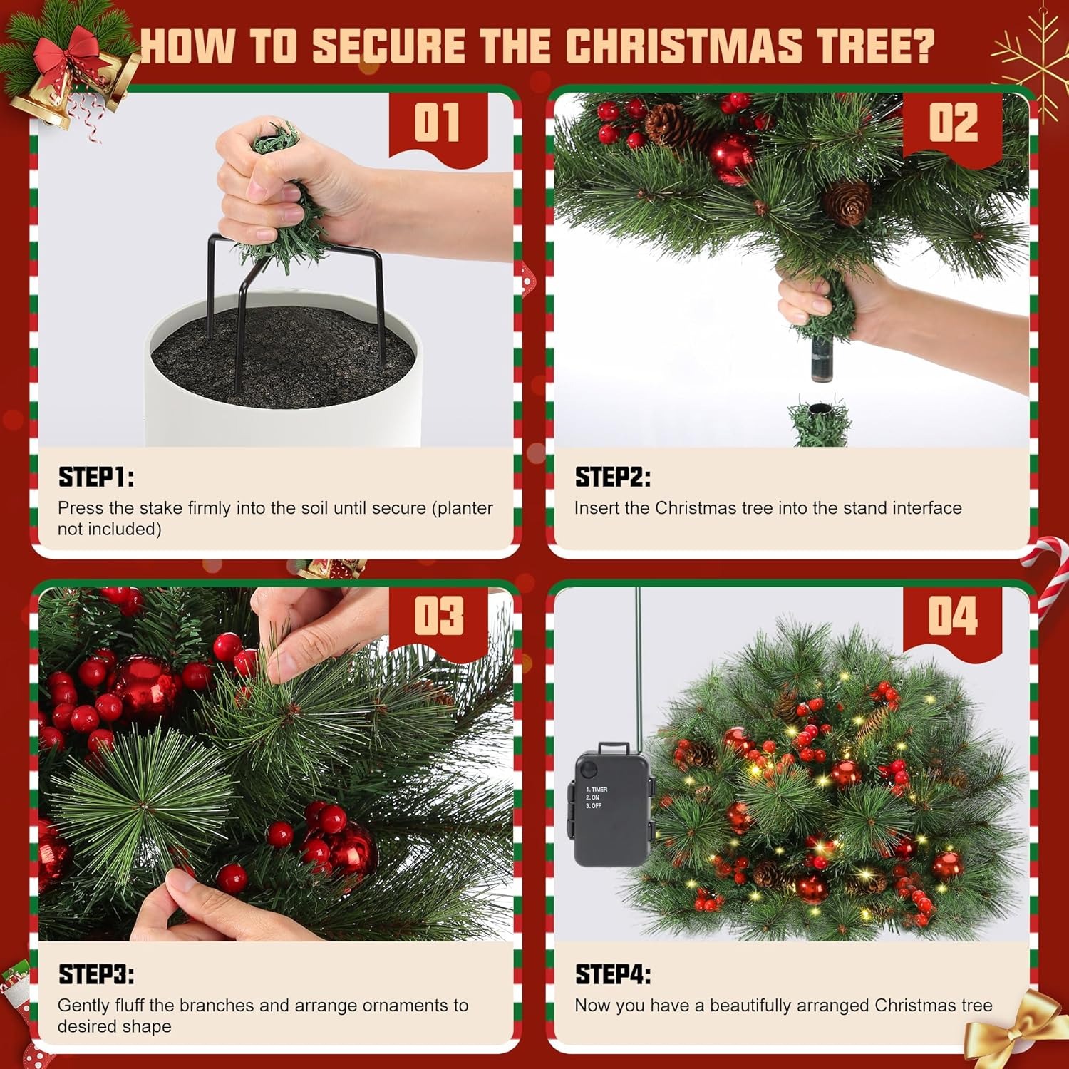 💥ON SALE💥2025 New Pre-Lit Christmas Urn Filler with Pine Cones, Red Berries & Ornament Balls