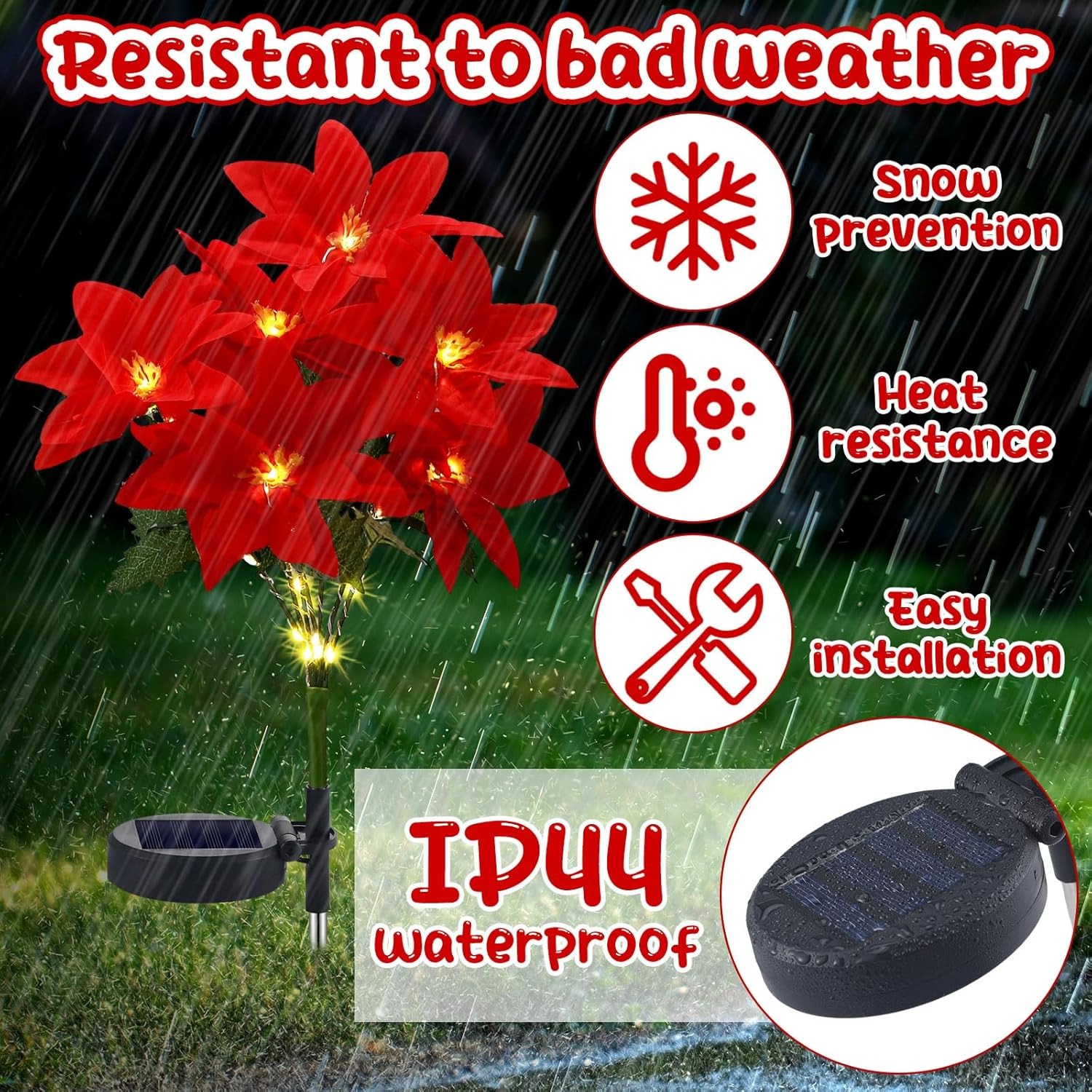 Christmas Solar Poinsettia Flower Lights – Waterproof Outdoor LED Holiday Pathway Decor