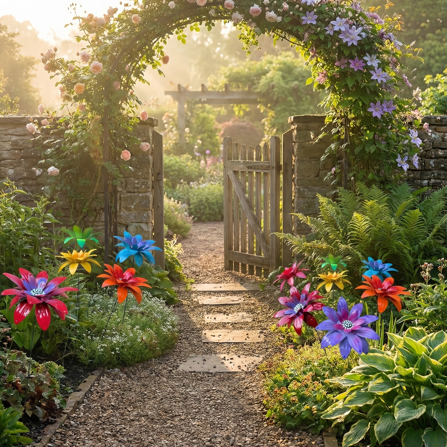 Rustic Metal Colorful Flowers Garden Stakes