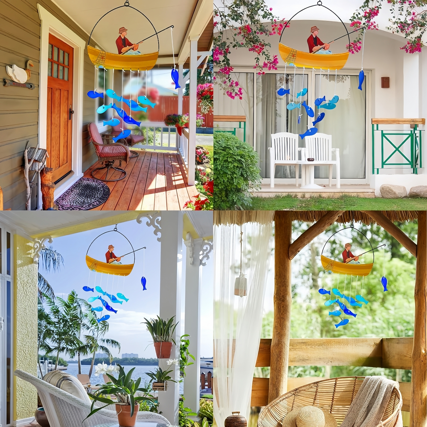 Stained Glass Fisherman Boat Wind Chime with Hanging Blue Fish