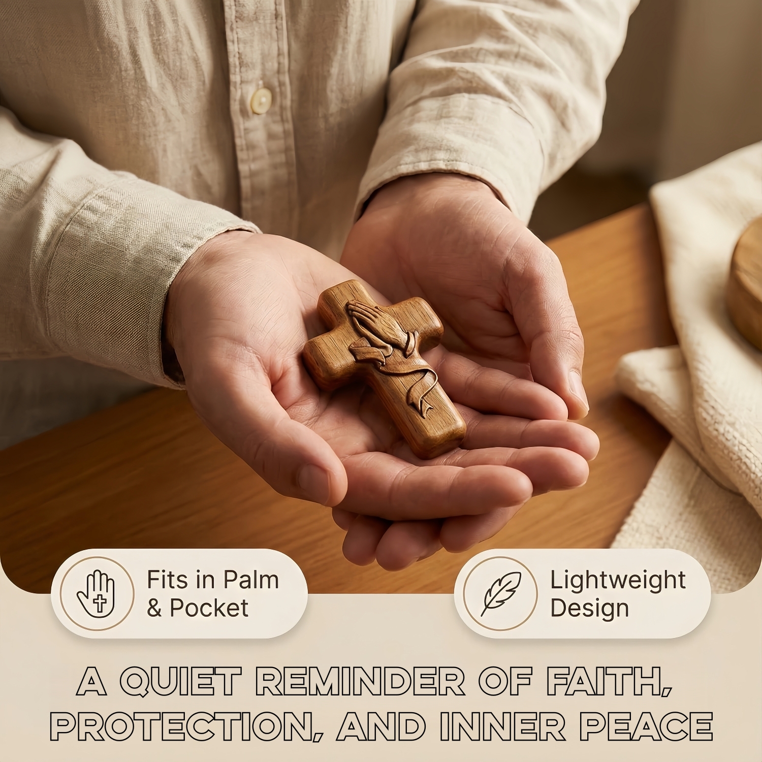 Hand-Carved Walnut Wood Pocket Prayer Cross with Card & Mesh Bag