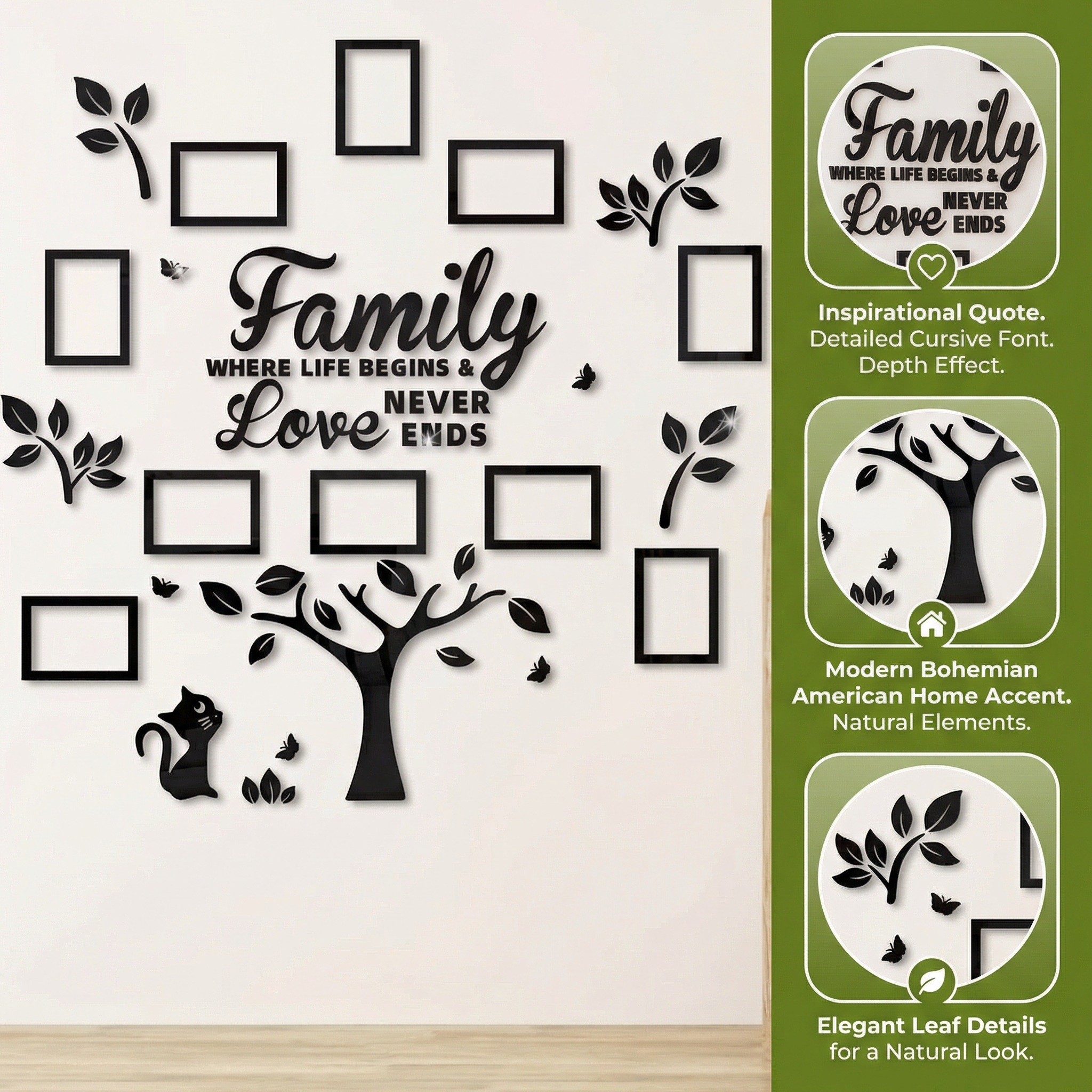 Family Tree Mirror Wall Art Set with Photo Frames – "Family Where Life Begins & Love Never Ends" Boho Cat Gallery Wall Décor
