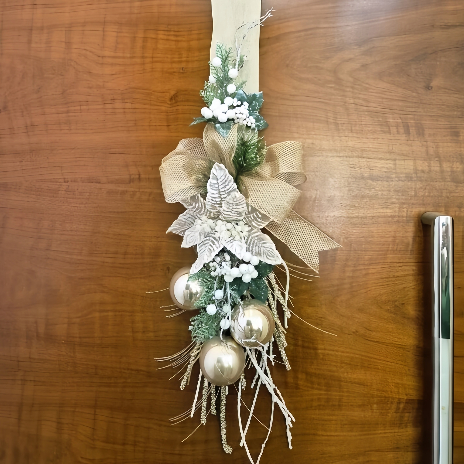 Glam Gold Christmas Door Ribbon with Ornaments & Greenery