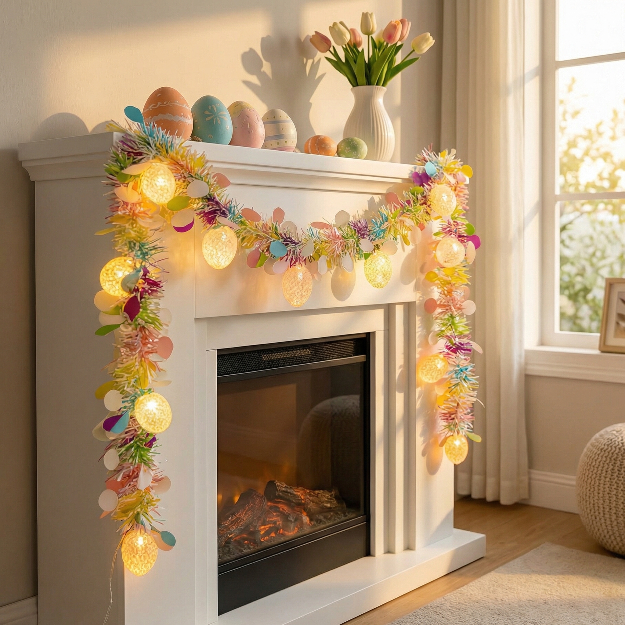 6.56FT Rainbow Easter Tinsel Garland with Egg String Lights