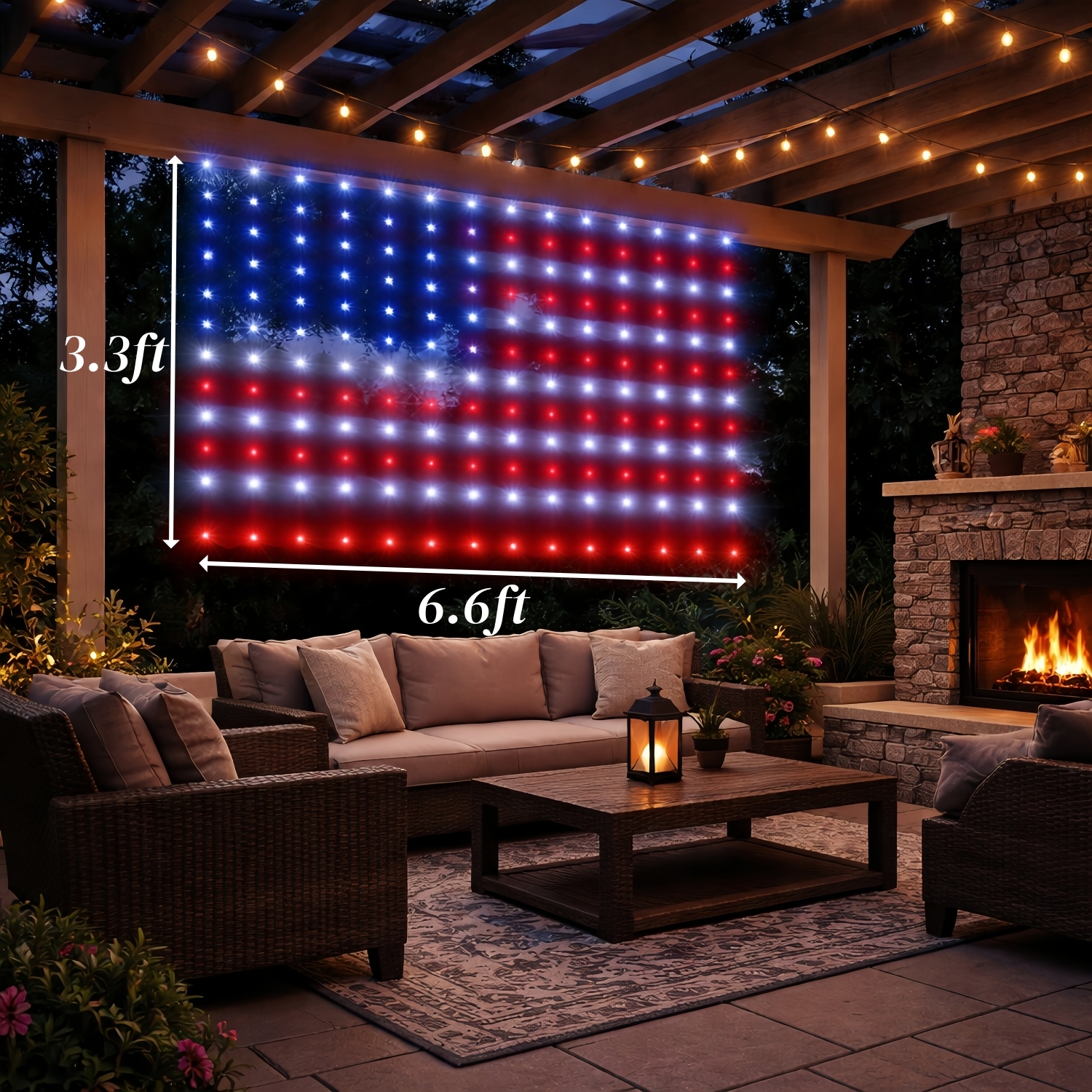 American Flag Curtain Lights, Waterproof Patriotic Outdoor String Lights, Red White Blue Decoration