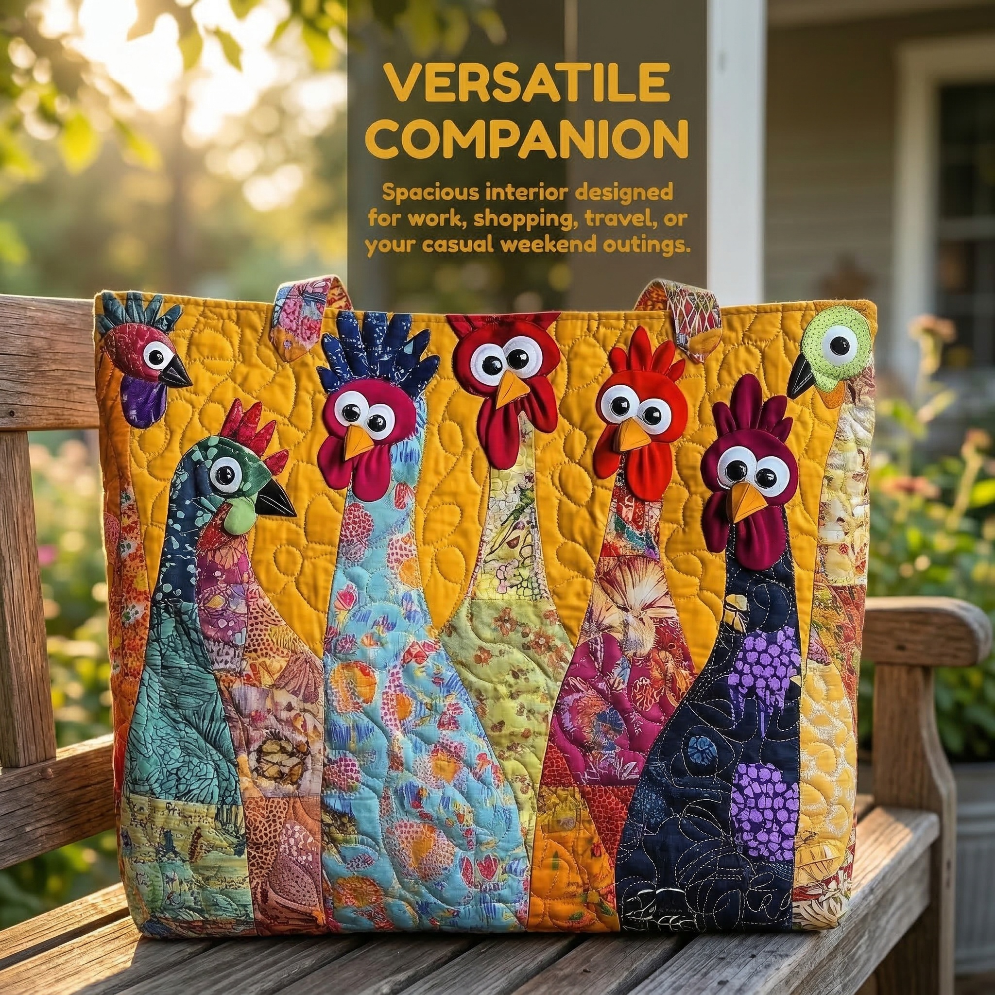 Colorful Chicken Patchwork Quilted Tote Bag