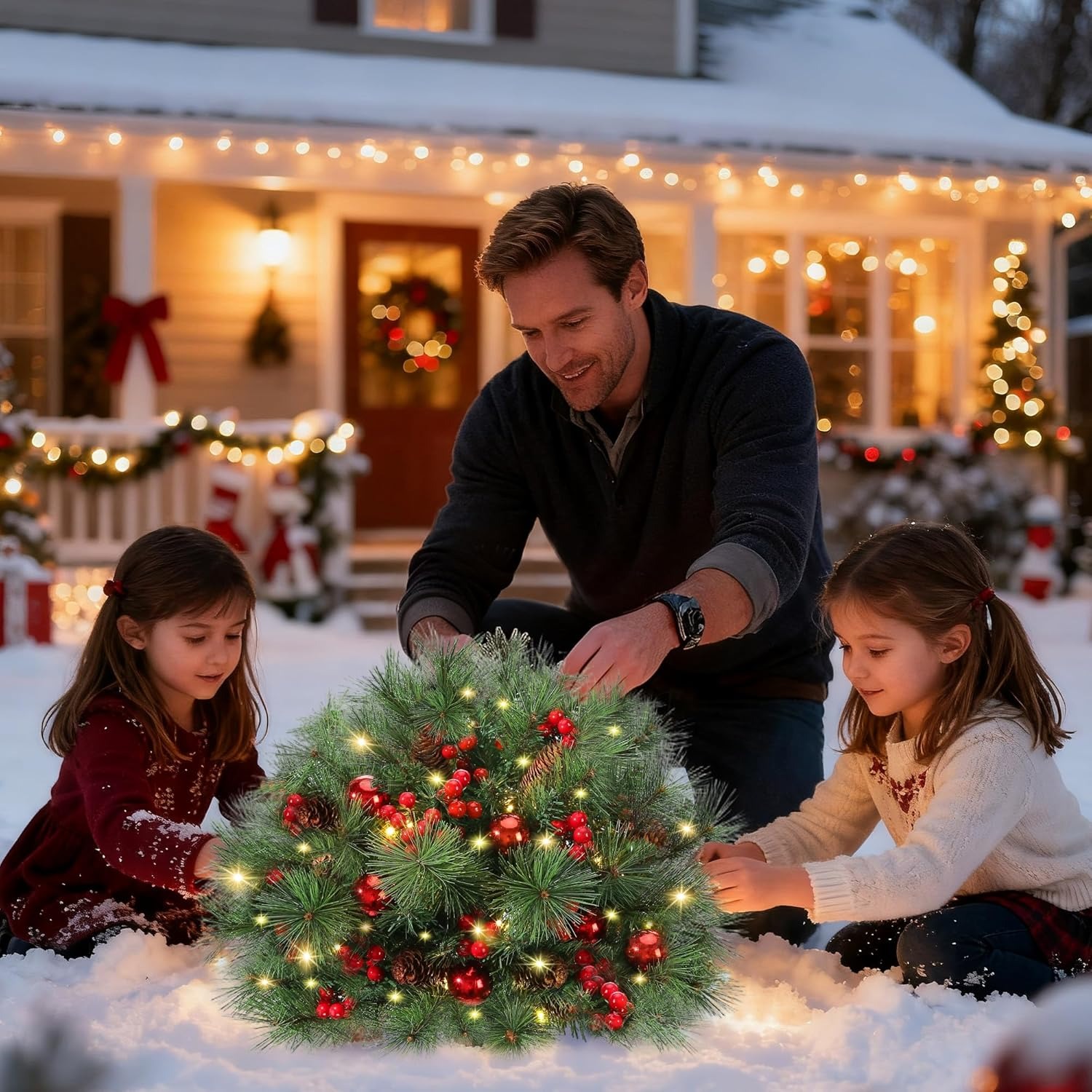 💥ON SALE💥2025 New Pre-Lit Christmas Urn Filler with Pine Cones, Red Berries & Ornament Balls