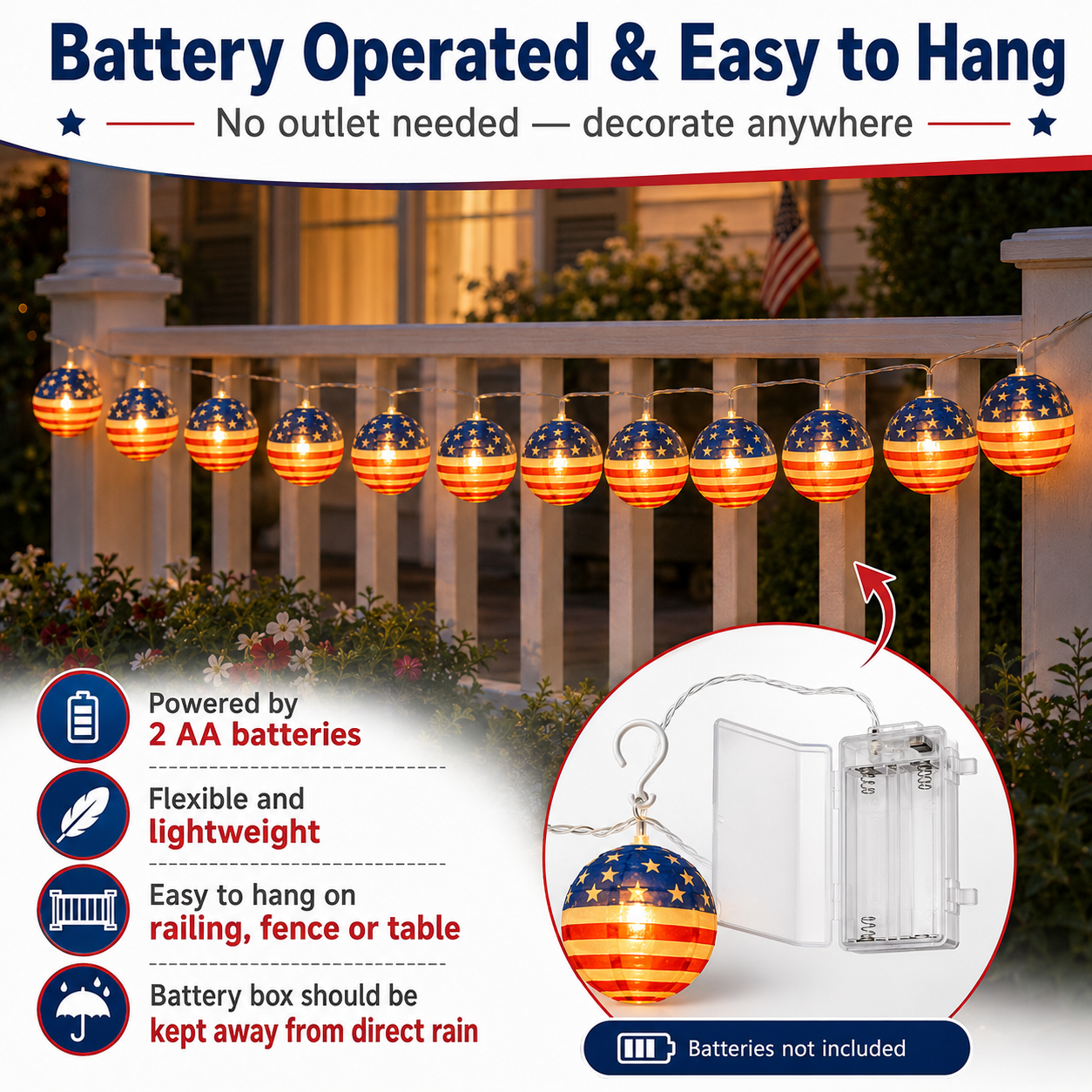 10 LED Patriotic American Flag Lantern String Lights