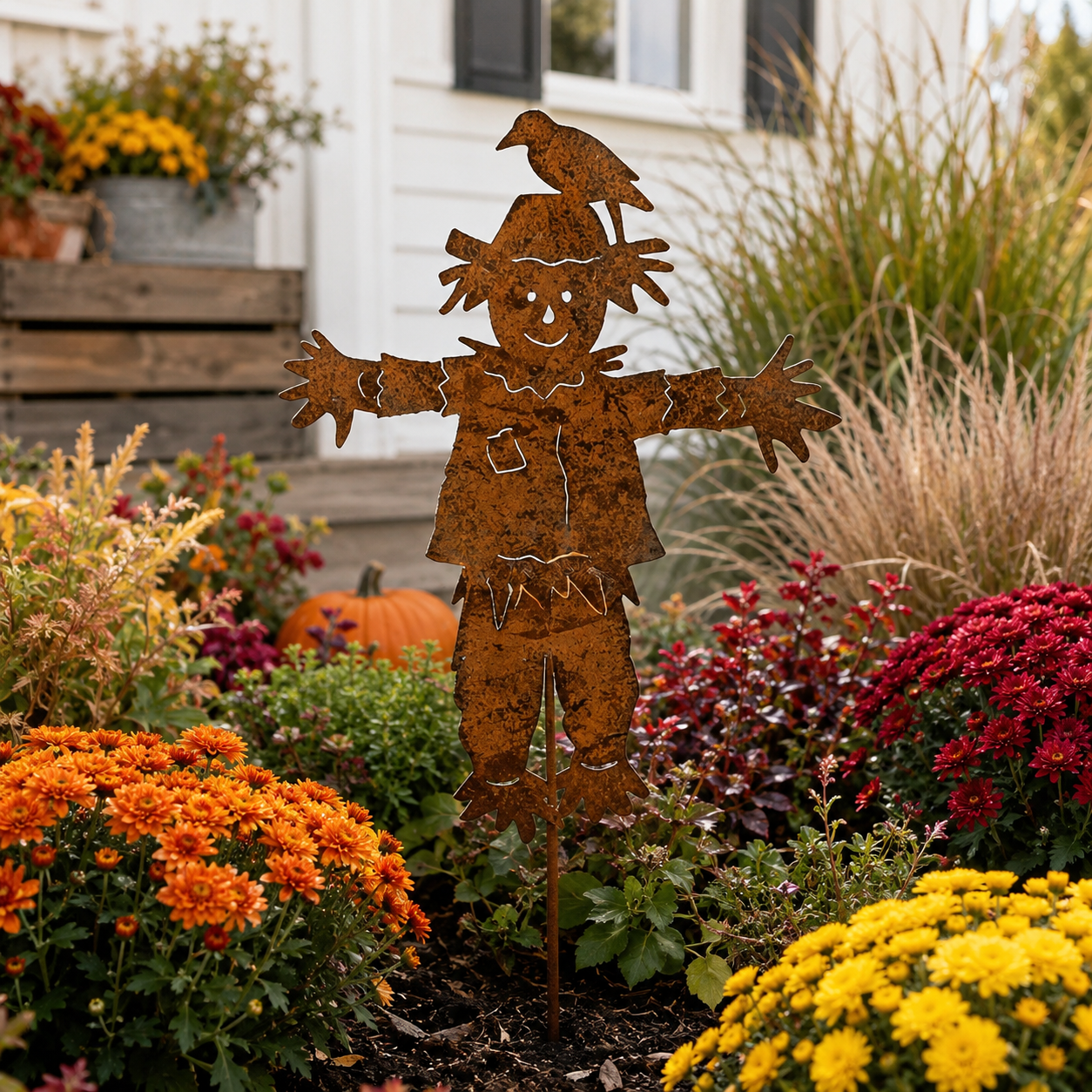 Rustic Metal Scarecrow Garden Stake with Crow