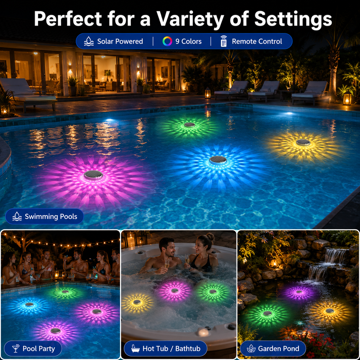 2 Pack Solar Powered Floating Pool Lights with Remote Control