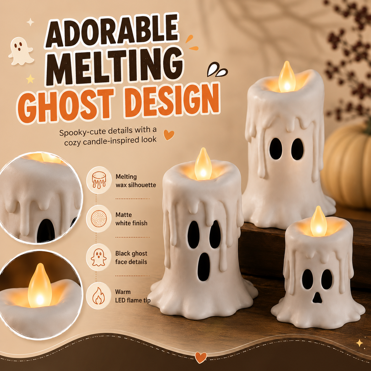 3-Piece Set Cozy Lighted Ghost Candles