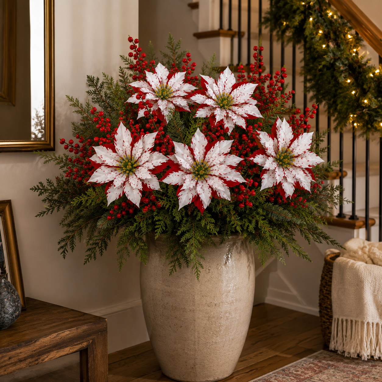 Christmas Poinsettia Planter Inserts – Set of 6 Red & White Holiday Floral Picks