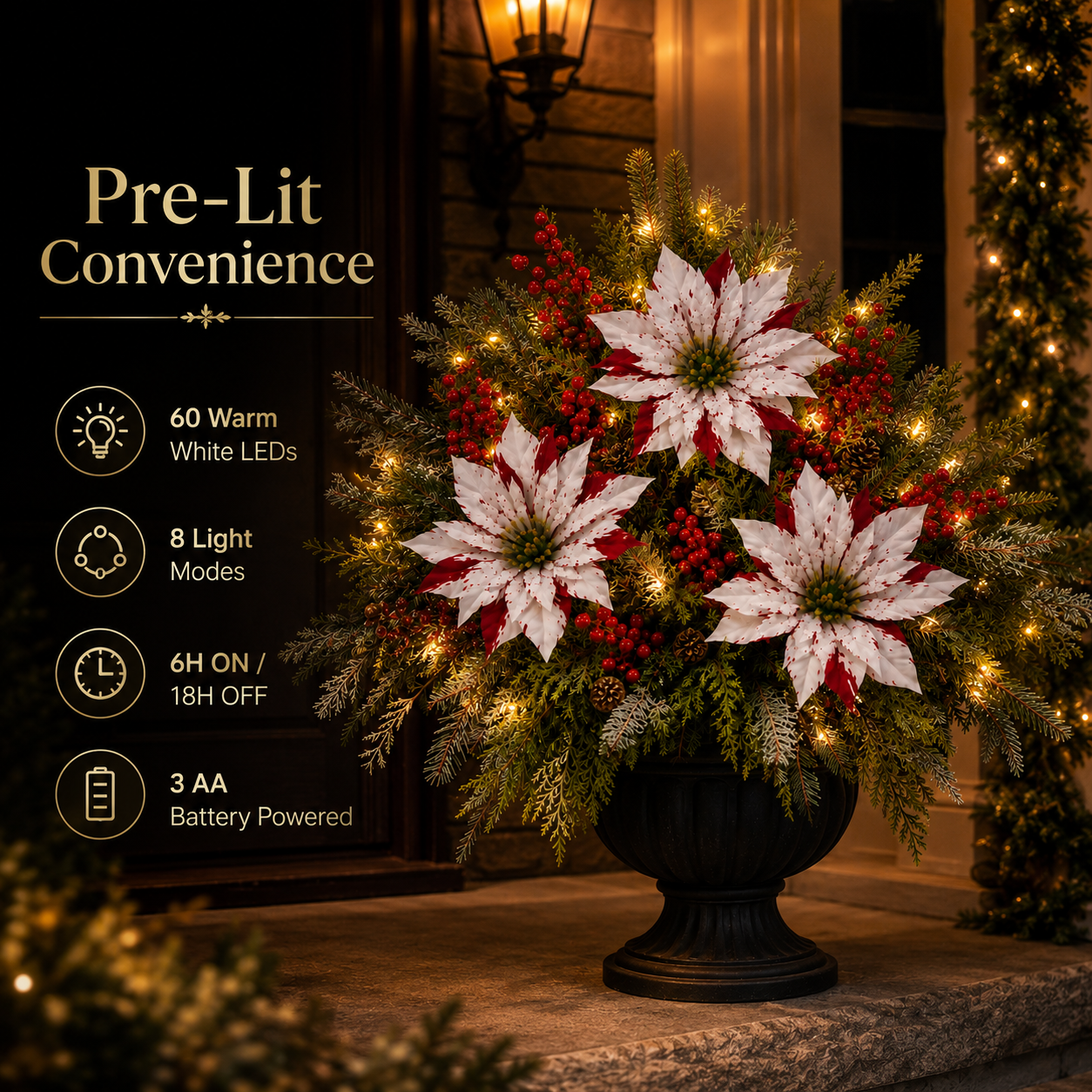 Pre-Lit Poinsettia Artificial Christmas Urn Filler