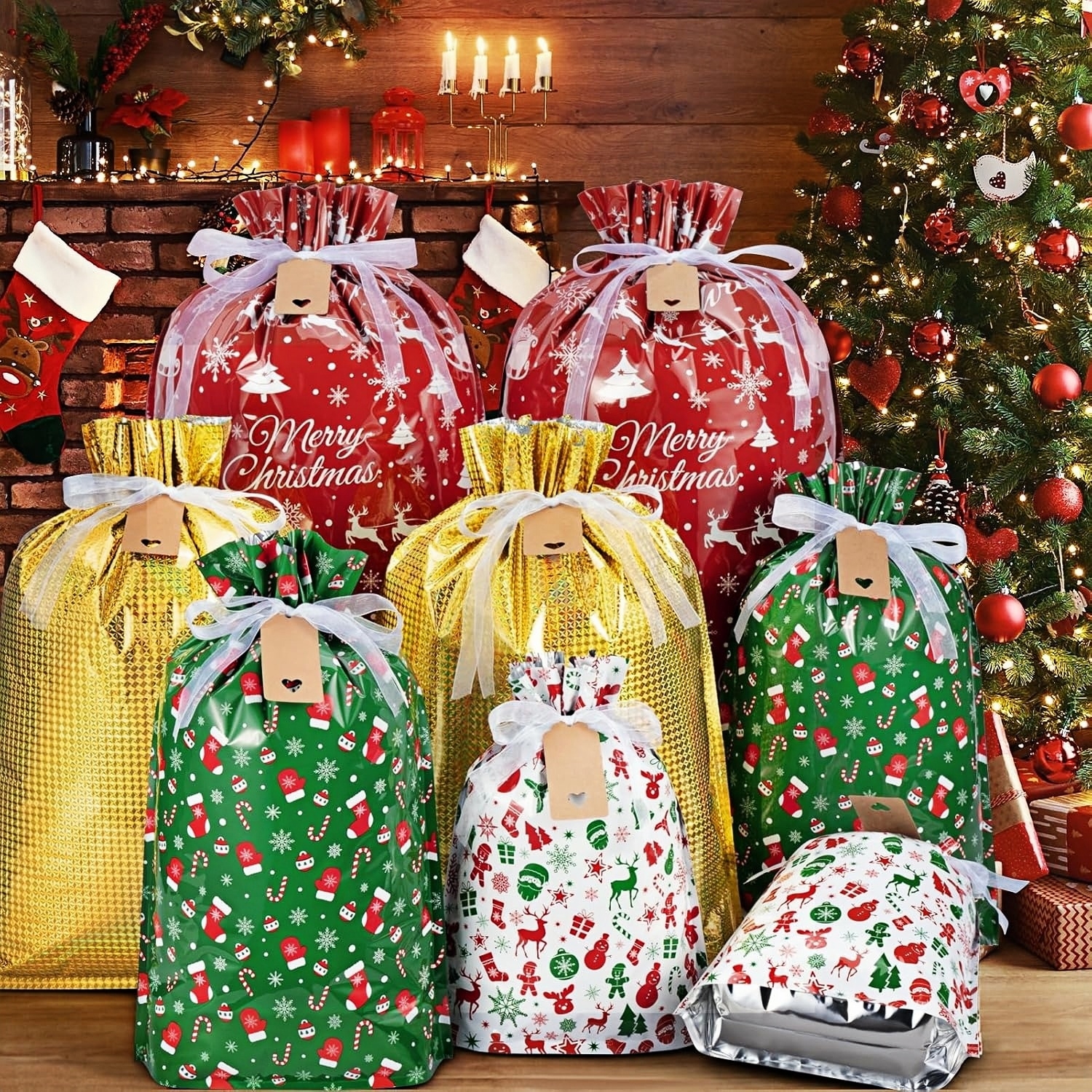 Christmas Drawstring Gift Bags (28 Pack + 30 kraft Tags)