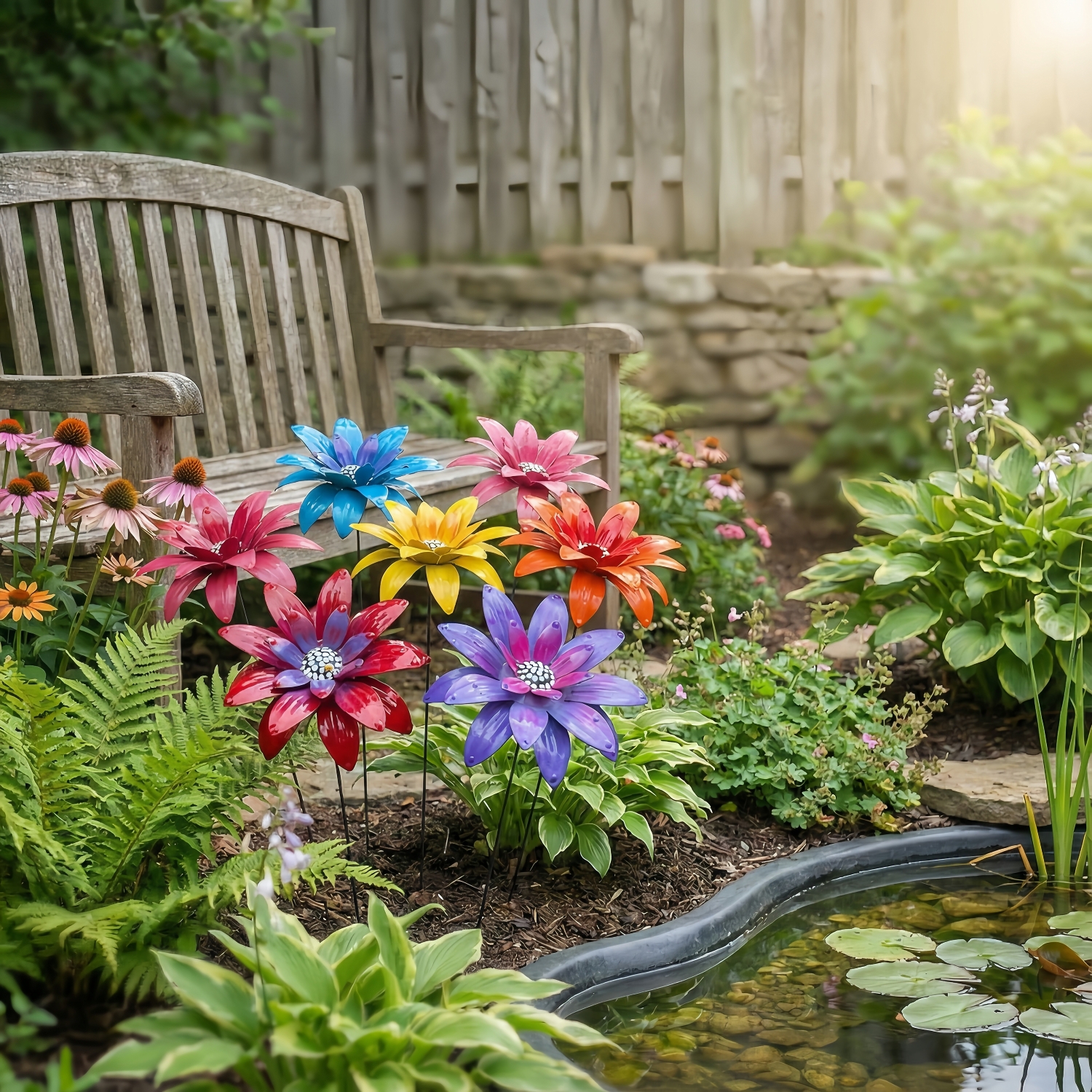 Rustic Metal Colorful Flowers Garden Stakes