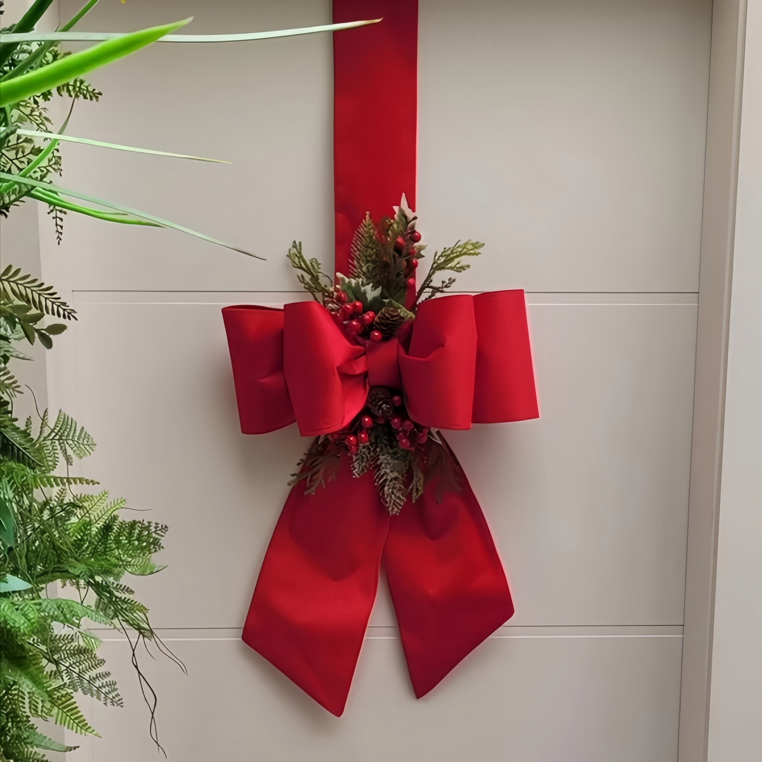 🎄Early Christmas Sale🔥Christmas Double Velvet Bow Ribbon with Holiday Greenery & Berries