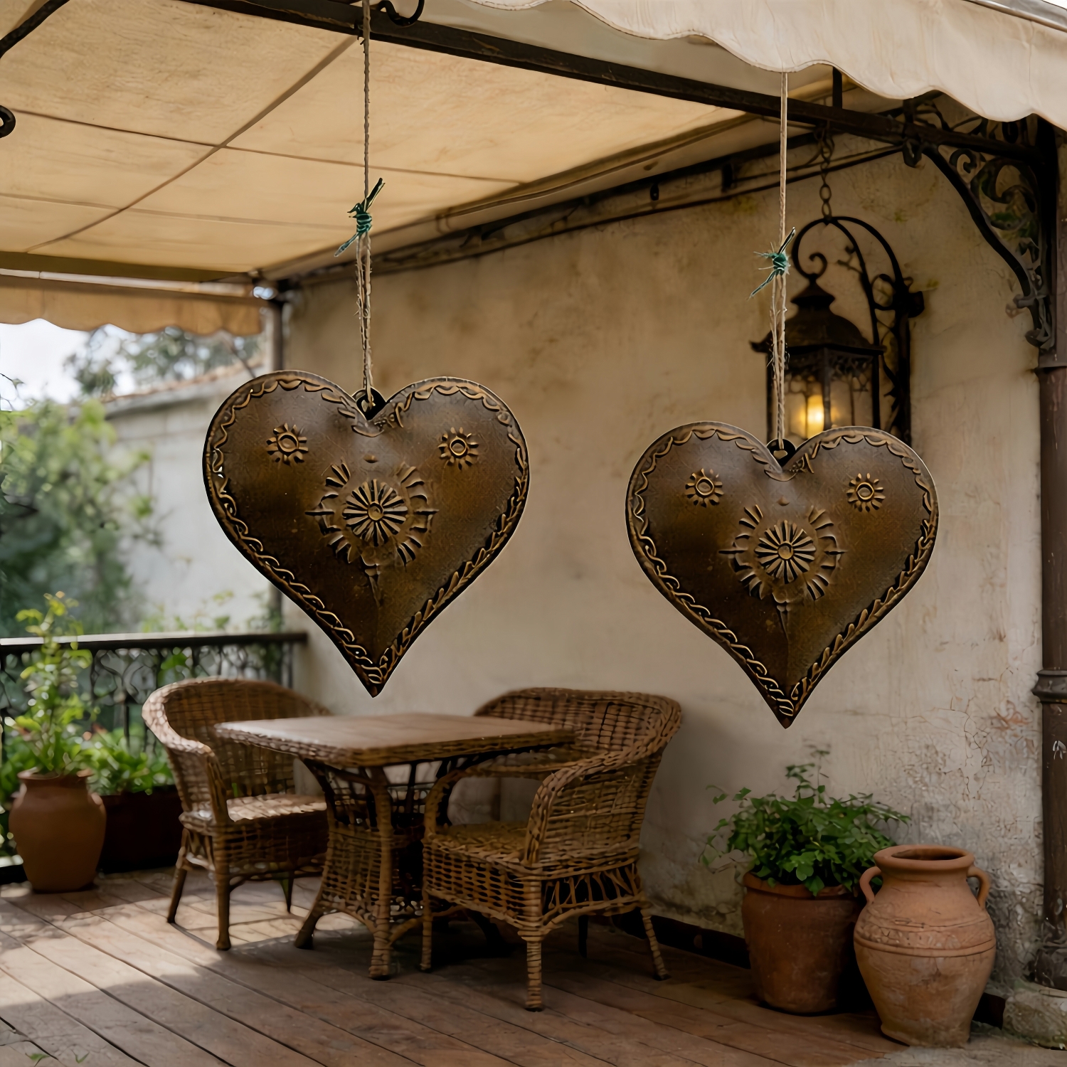 Set of 2 Vintage Bronze Metal Heart Hanging Decor