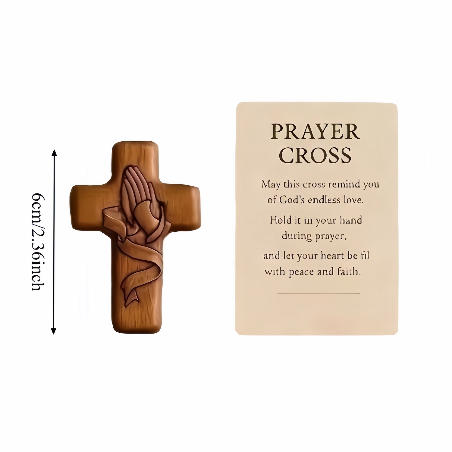 Hand-Carved Walnut Wood Pocket Prayer Cross with Card & Mesh Bag