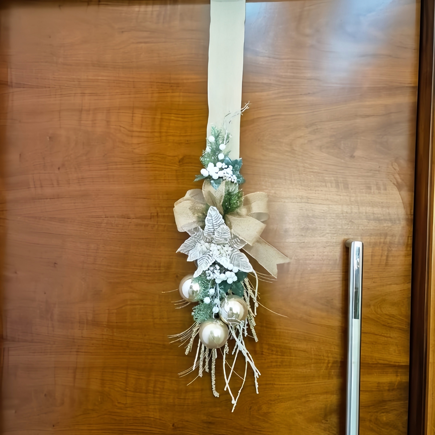 Glam Gold Christmas Door Ribbon with Ornaments & Greenery