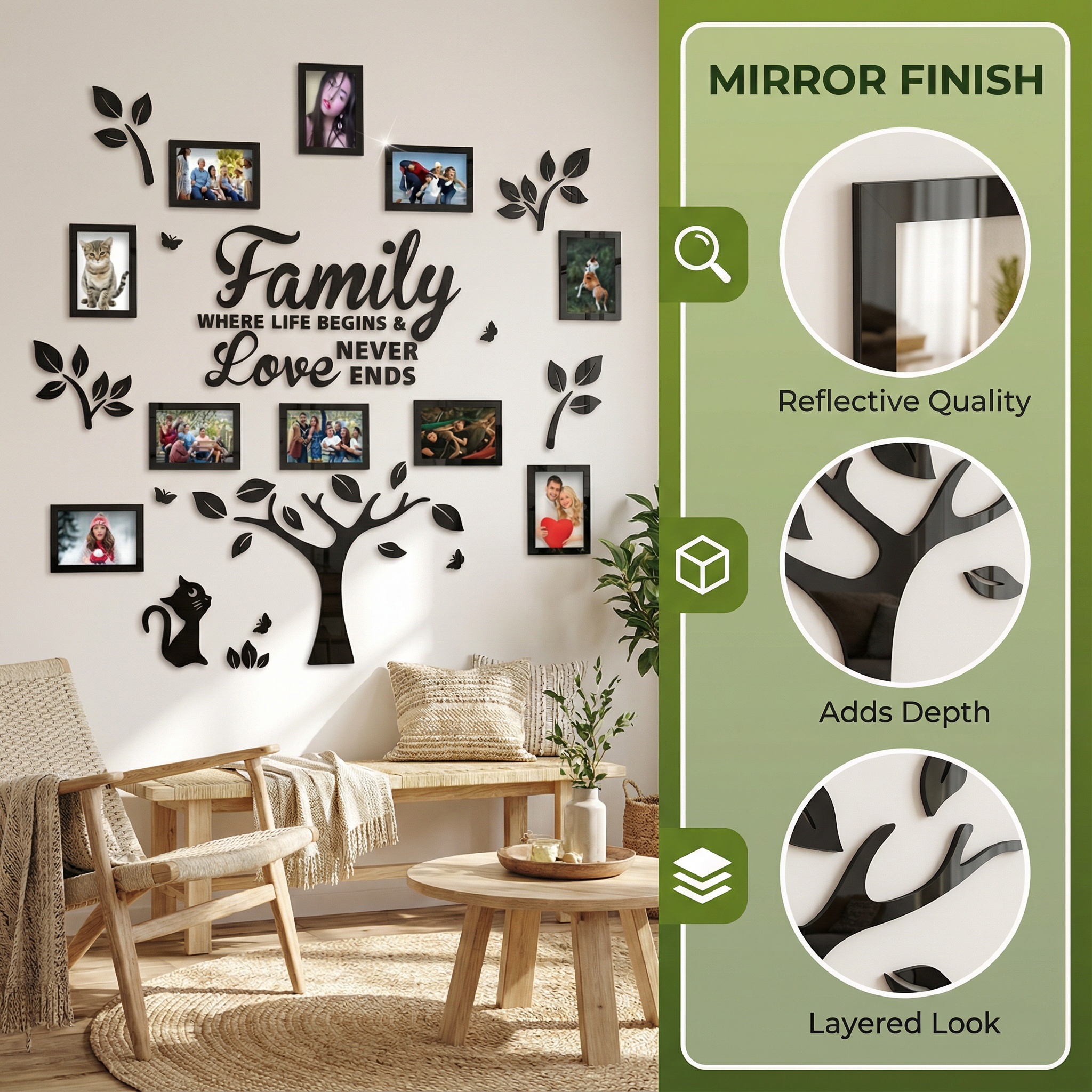Family Tree Mirror Wall Art Set with Photo Frames – "Family Where Life Begins & Love Never Ends" Boho Cat Gallery Wall Décor