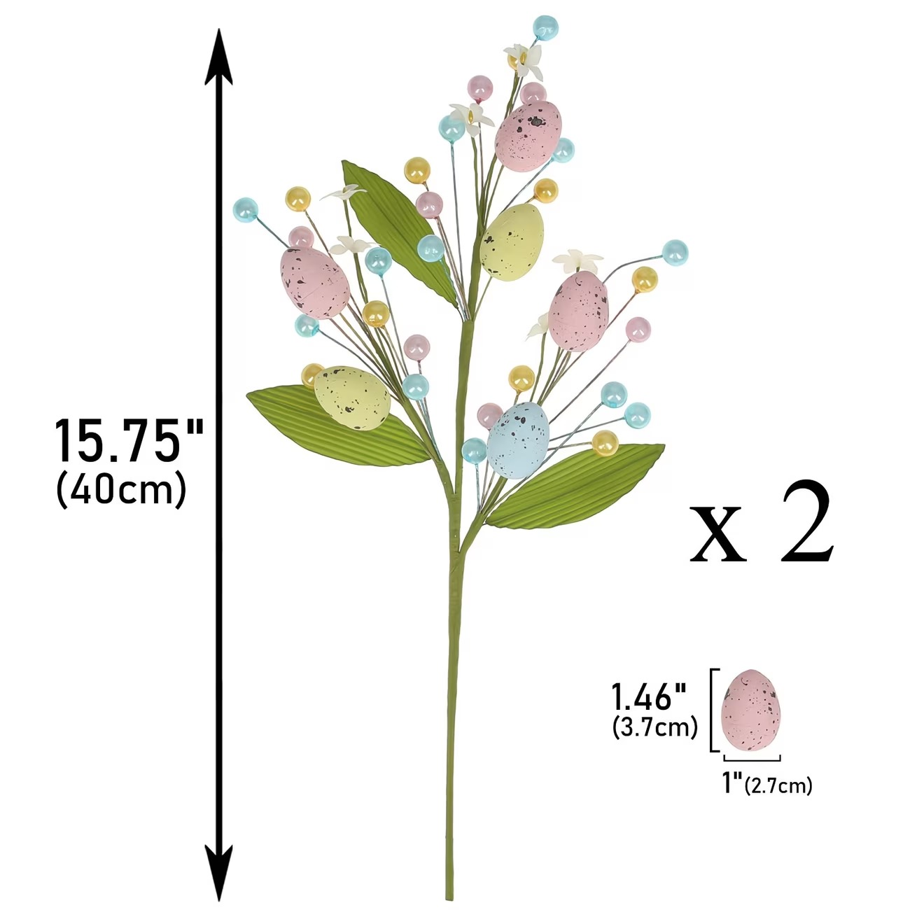 Set of 2 Artificial Easter Egg Berry Stems – Colorful Spring Picks with Pastel Eggs, Berries & Leaves for Vase Decor, Table Centerpieces & Mantel Styling (Indoor/Outdoor)