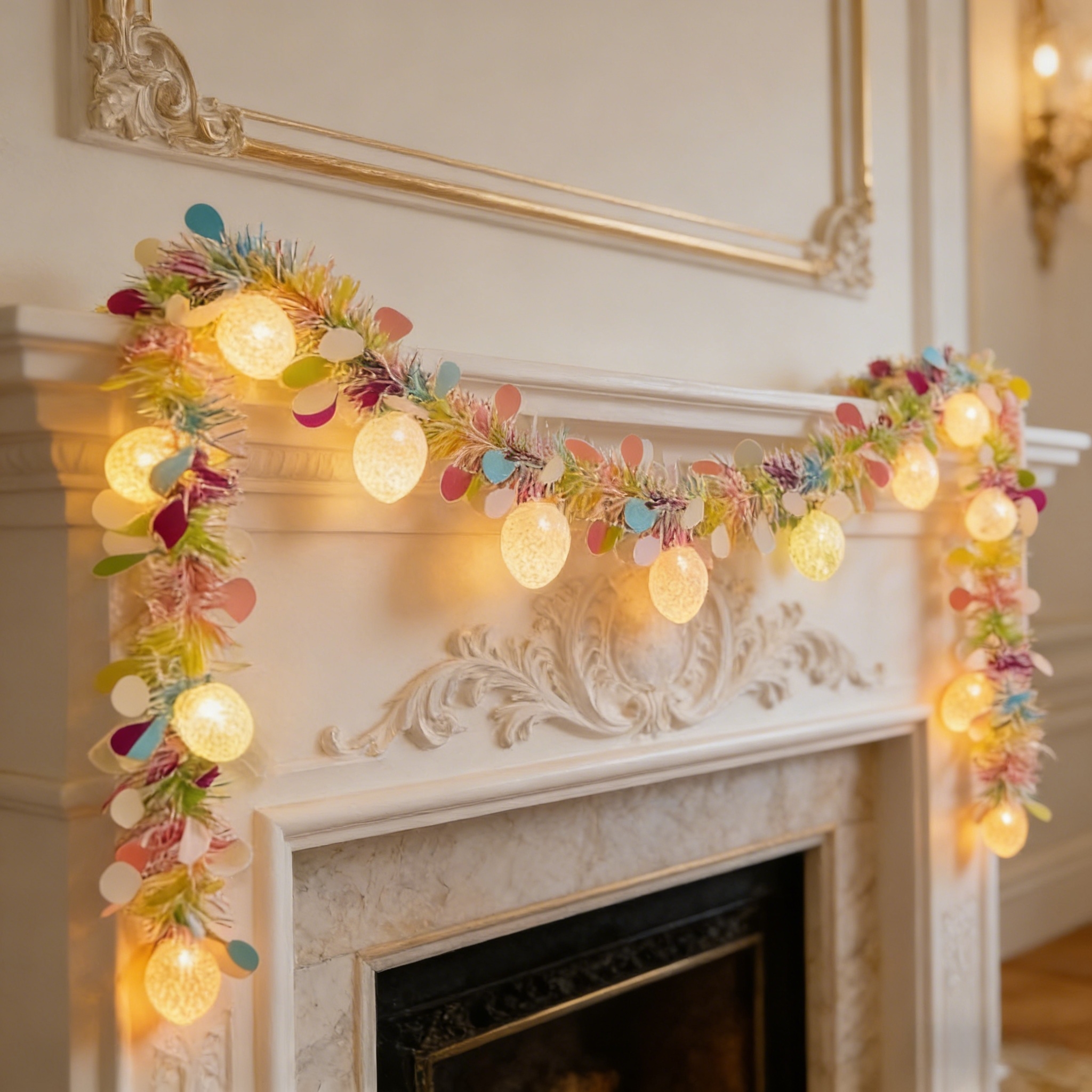 6.56FT Rainbow Easter Tinsel Garland with Egg String Lights