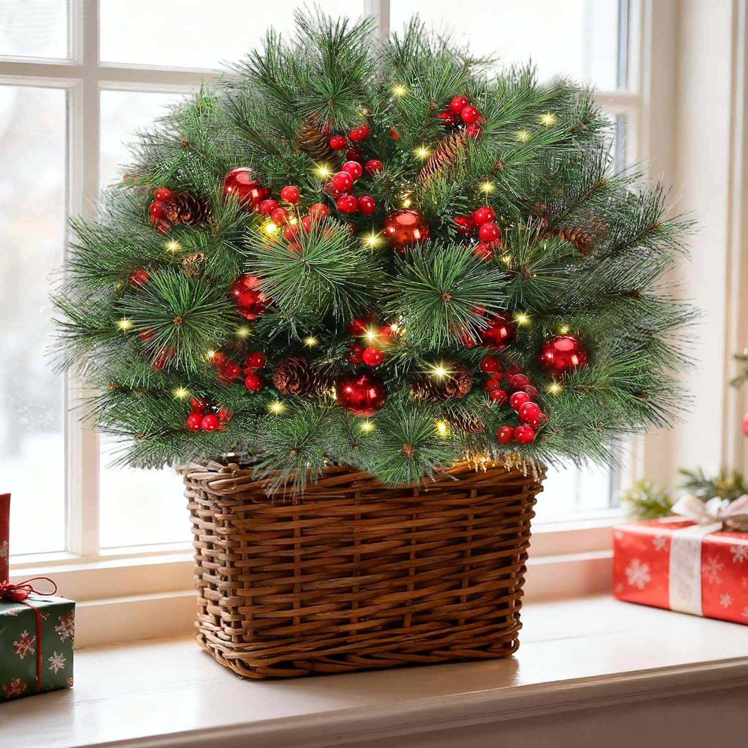 💥ON SALE💥2025 New Pre-Lit Christmas Urn Filler with Pine Cones, Red Berries & Ornament Balls