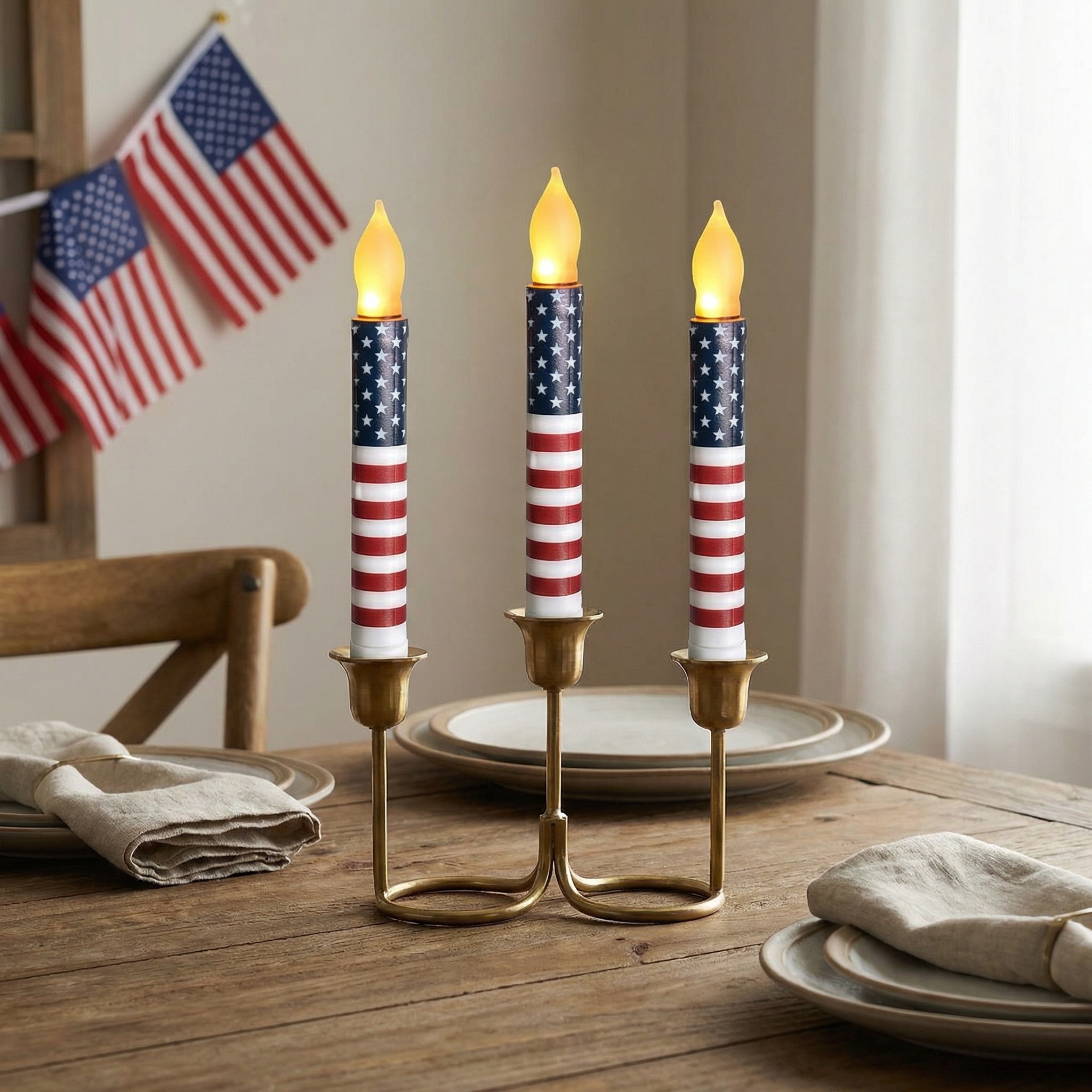 Set of 6 Patriotic LED Taper Candles with Timer