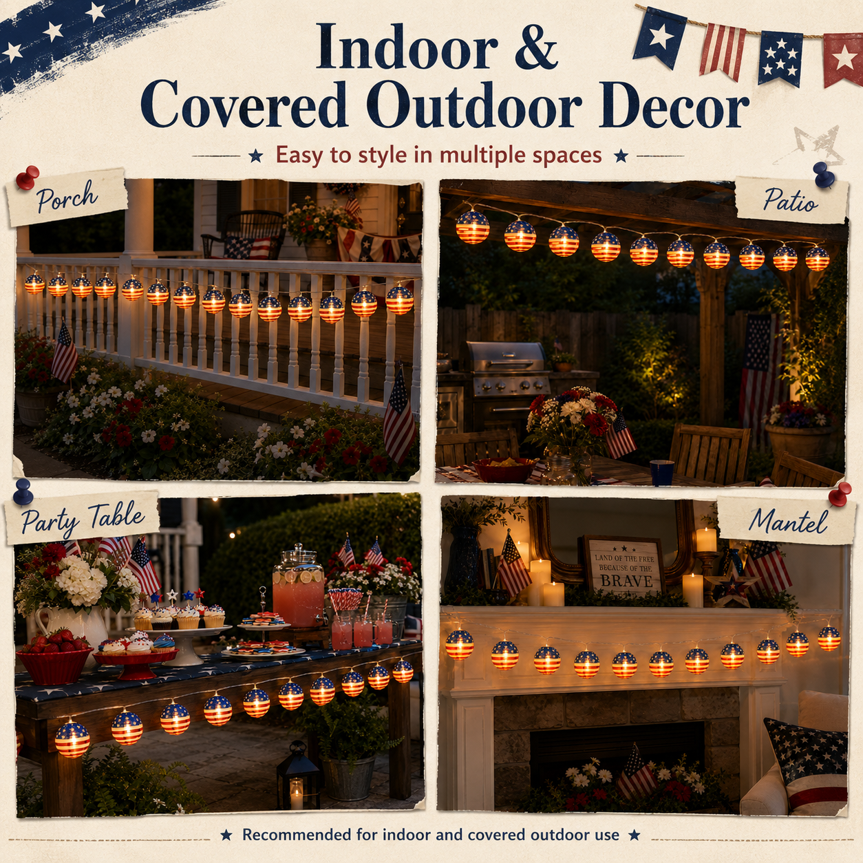 10 LED Patriotic American Flag Lantern String Lights