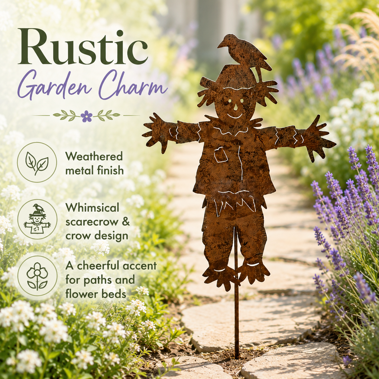 Rustic Metal Scarecrow Garden Stake with Crow