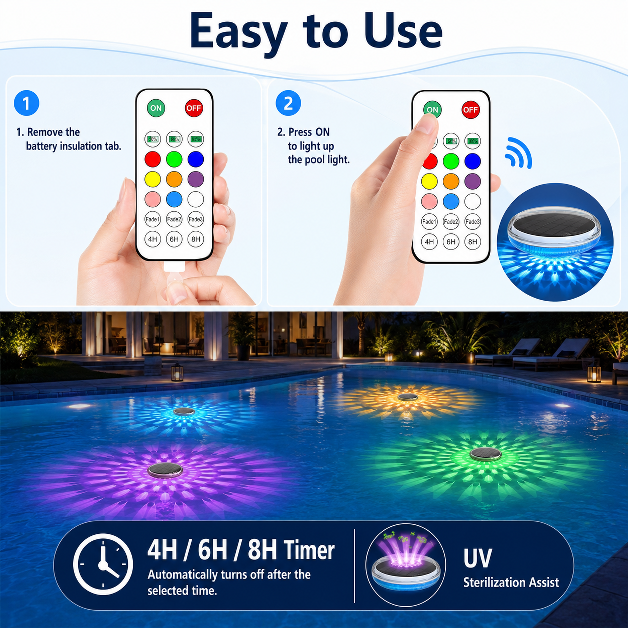2 Pack Solar Powered Floating Pool Lights with Remote Control