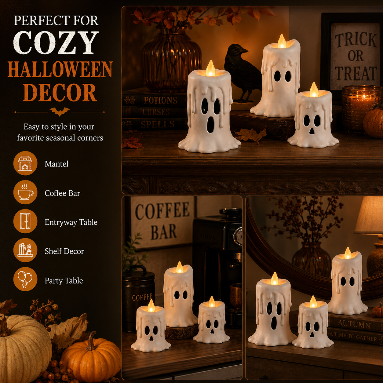 3-Piece Set Cozy Lighted Ghost Candles