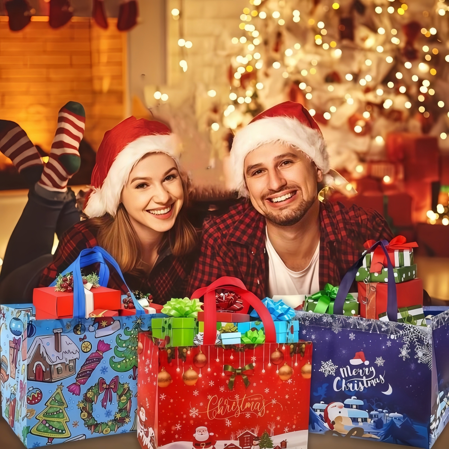 Christmas Gift Bags With Assorted Patterns