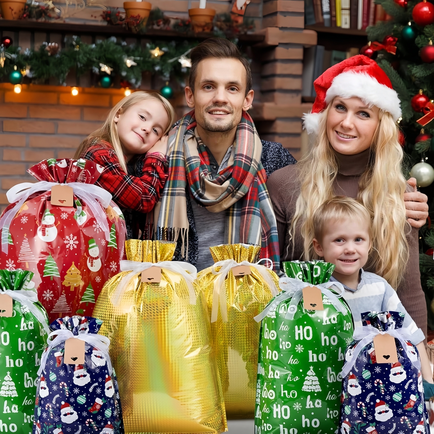 Christmas Drawstring Gift Bags (28 Pack + 30 kraft Tags)