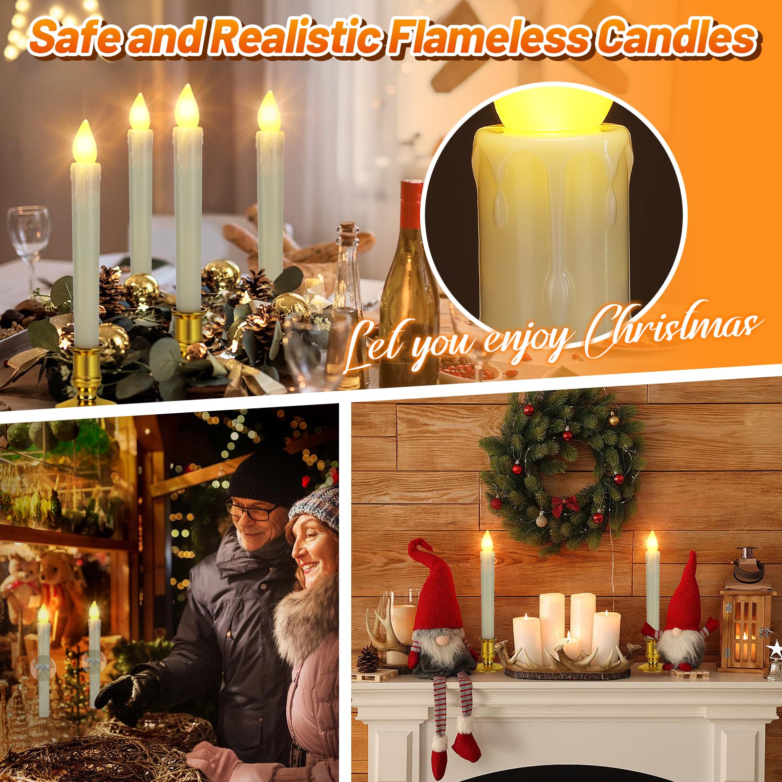 6 Pcs Christmas Flameless Flickering Candles with Timer, Removable Candlestick, Suction Cup