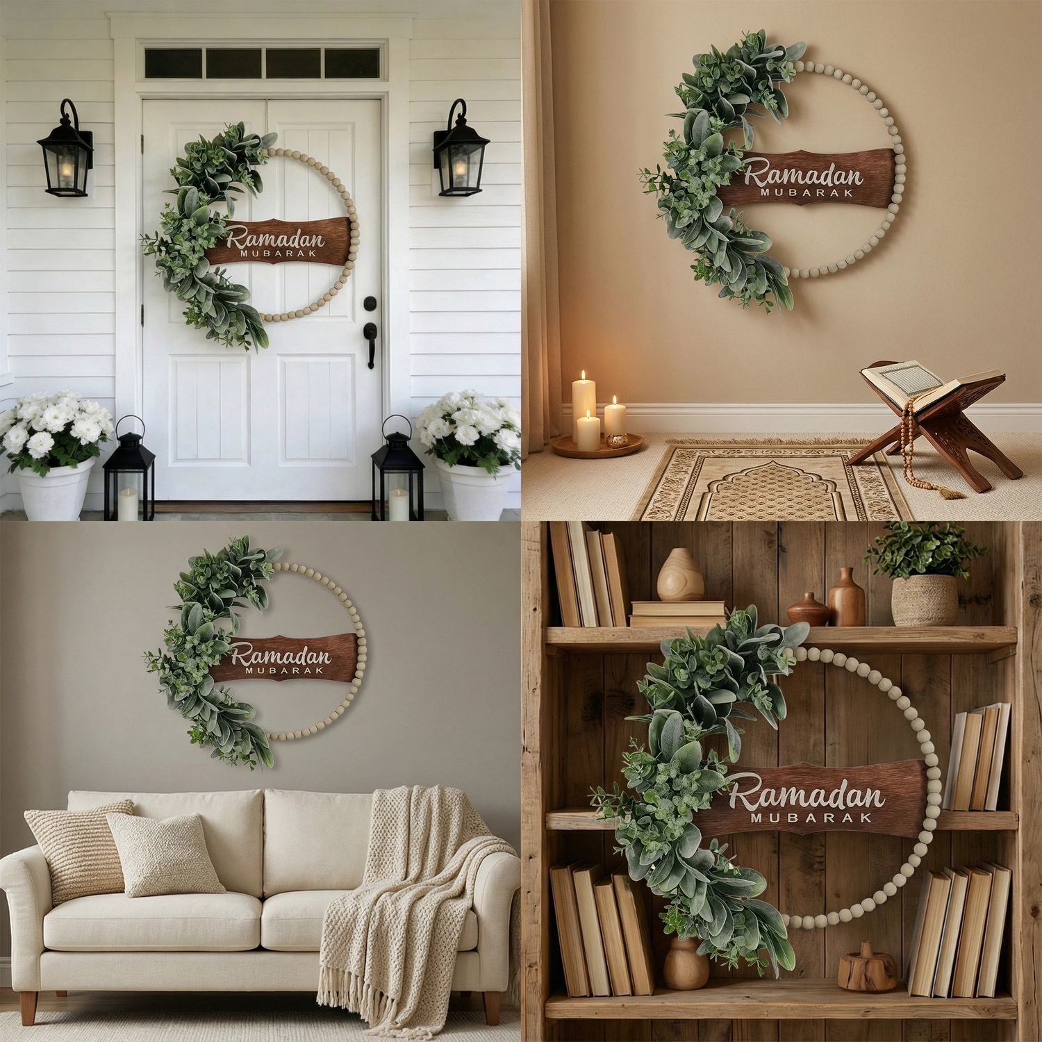 Ramadan Mubarak Wreath for Front Door – Greenery Decor for Ramadan & Eid
