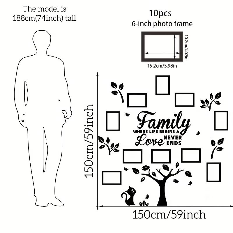 Family Tree Mirror Wall Art Set with Photo Frames – "Family Where Life Begins & Love Never Ends" Boho Cat Gallery Wall Décor