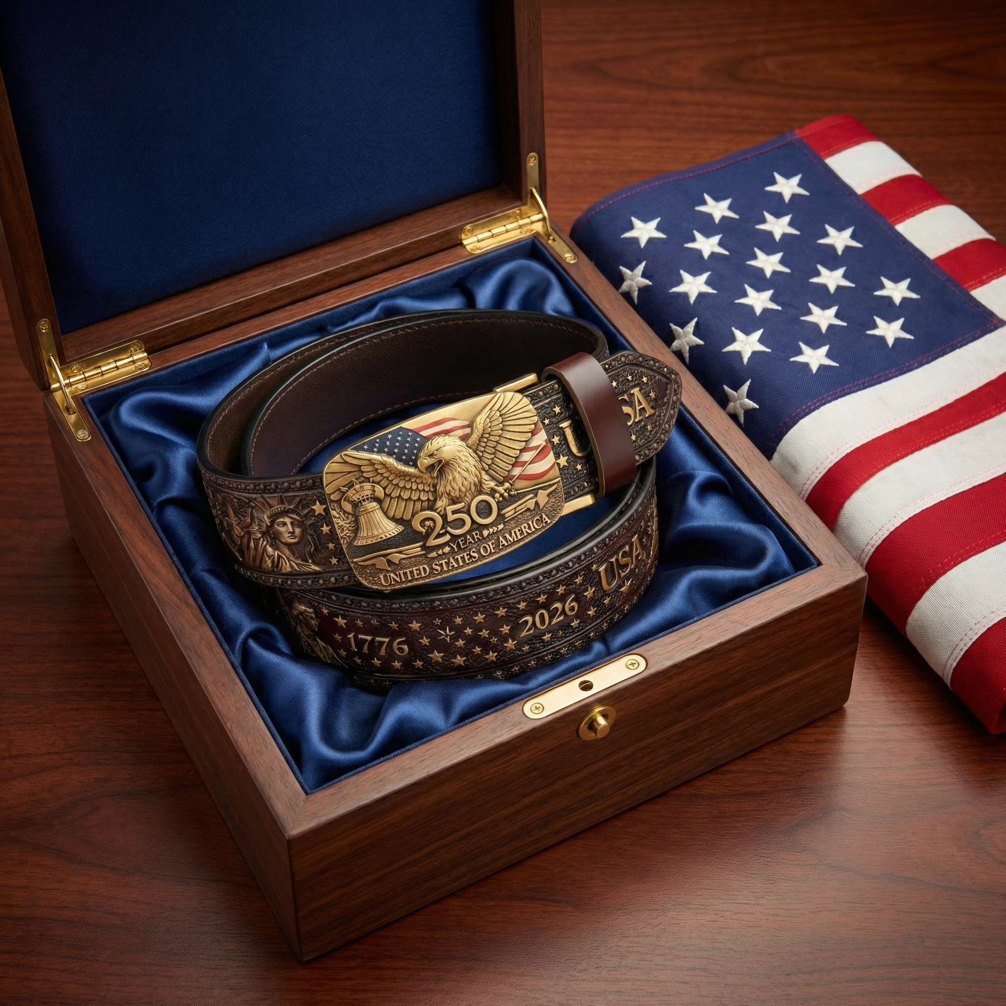 250th Anniversary USA Patriotic Leather Belt – Embossed Eagle Buckle, Genuine Cowhide, Adjustable Ratchet Belt for Men, 1776–2026 Commemorative Gift