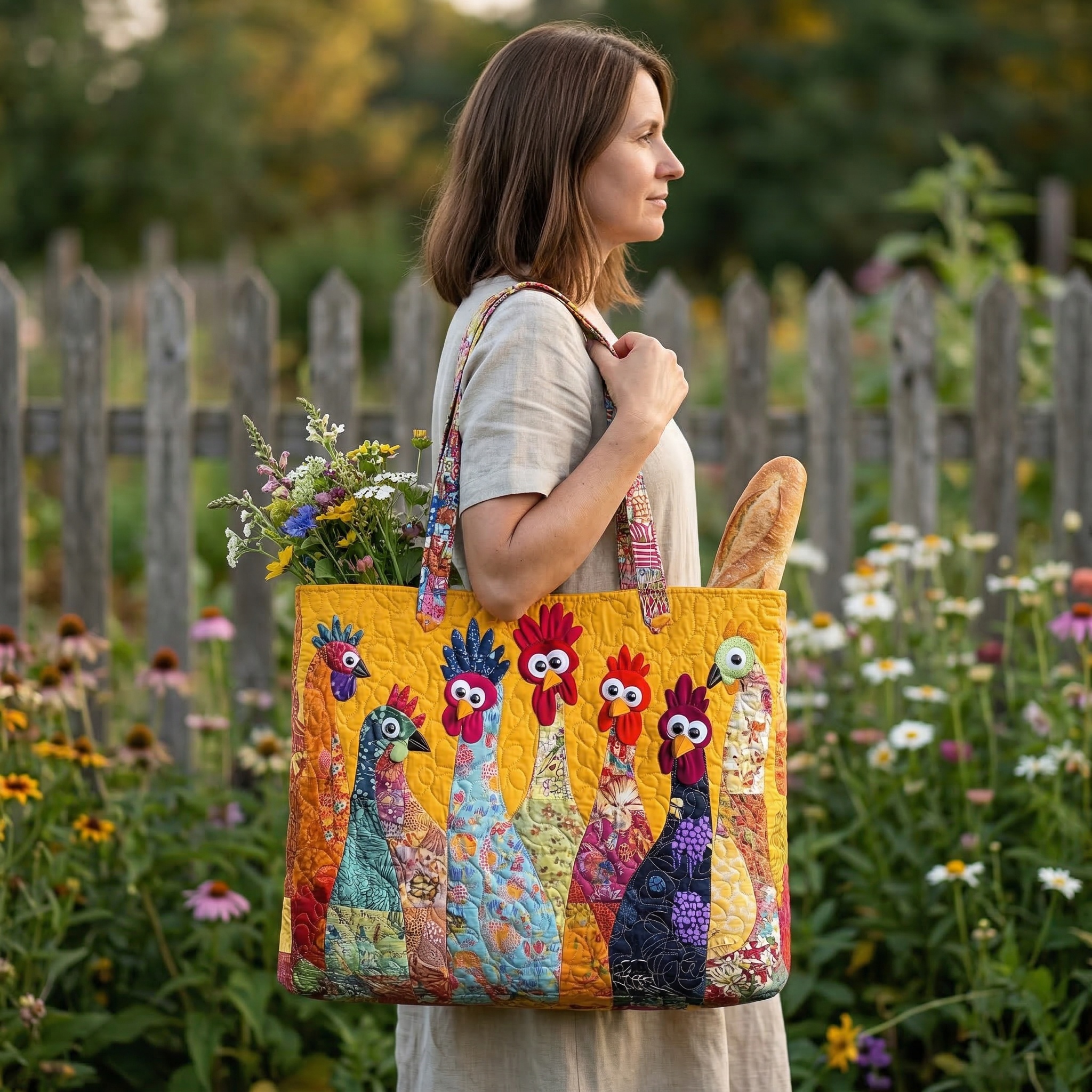 Colorful Chicken Patchwork Quilted Tote Bag
