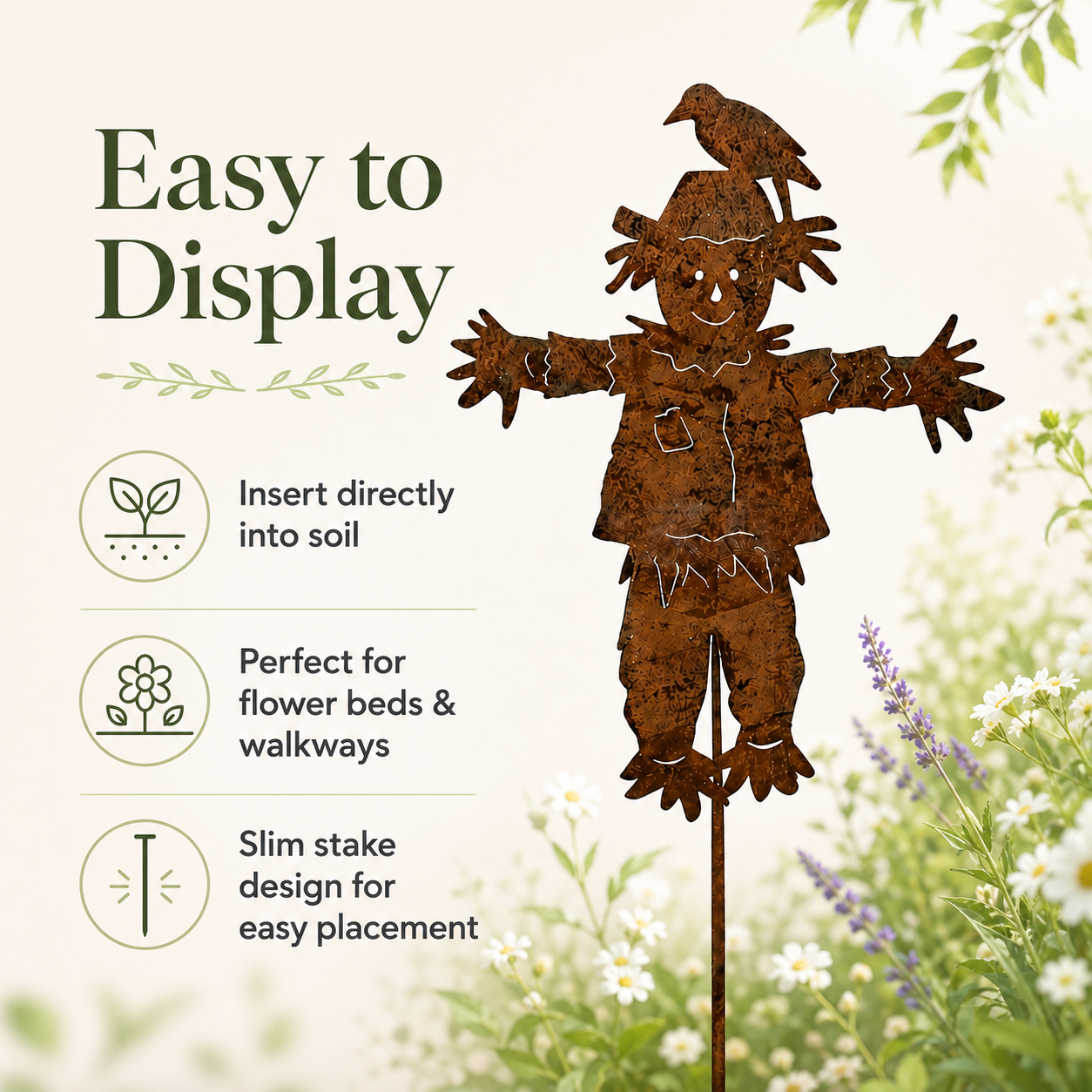 Rustic Metal Scarecrow Garden Stake with Crow