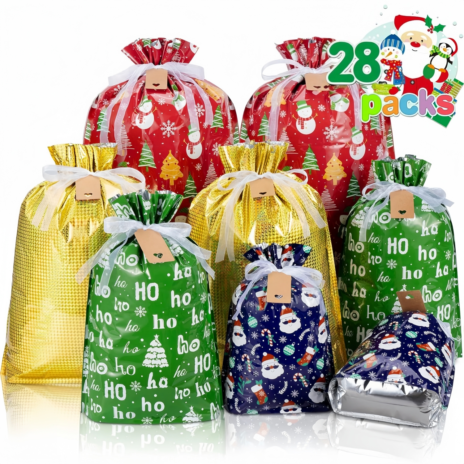 Christmas Drawstring Gift Bags (28 Pack + 30 kraft Tags)