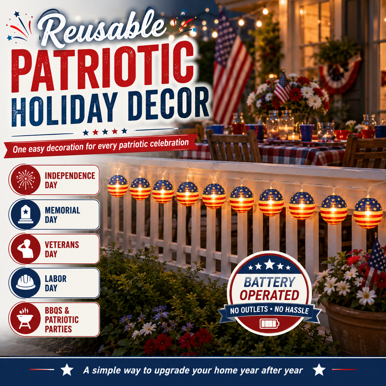 10 LED Patriotic American Flag Lantern String Lights