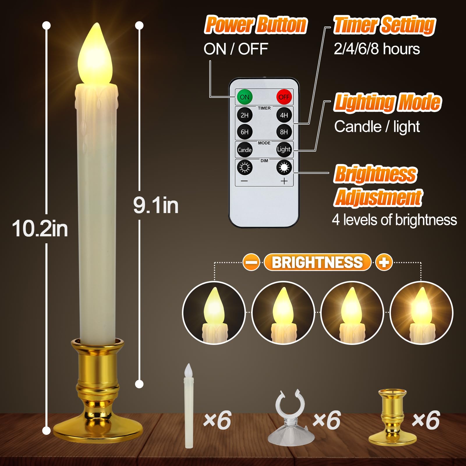 6 Pcs Christmas Flameless Flickering Candles with Timer, Removable Candlestick, Suction Cup