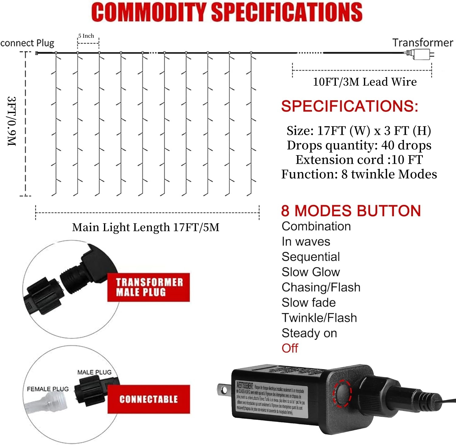 Outdoor Curtain String Lights with 8 Shining Modes