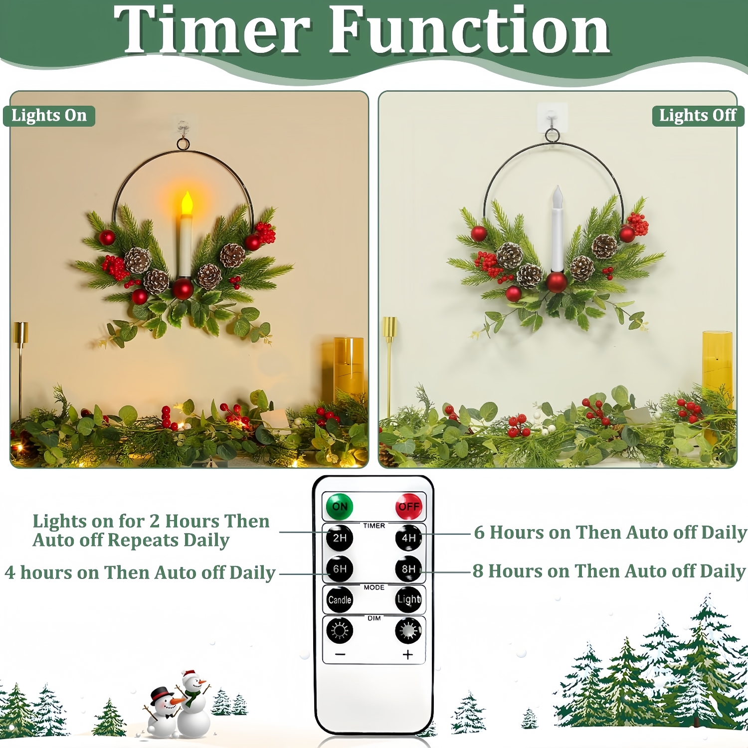 2025 Christmas Front Door & Window Candles Wreaths with Timer Remote