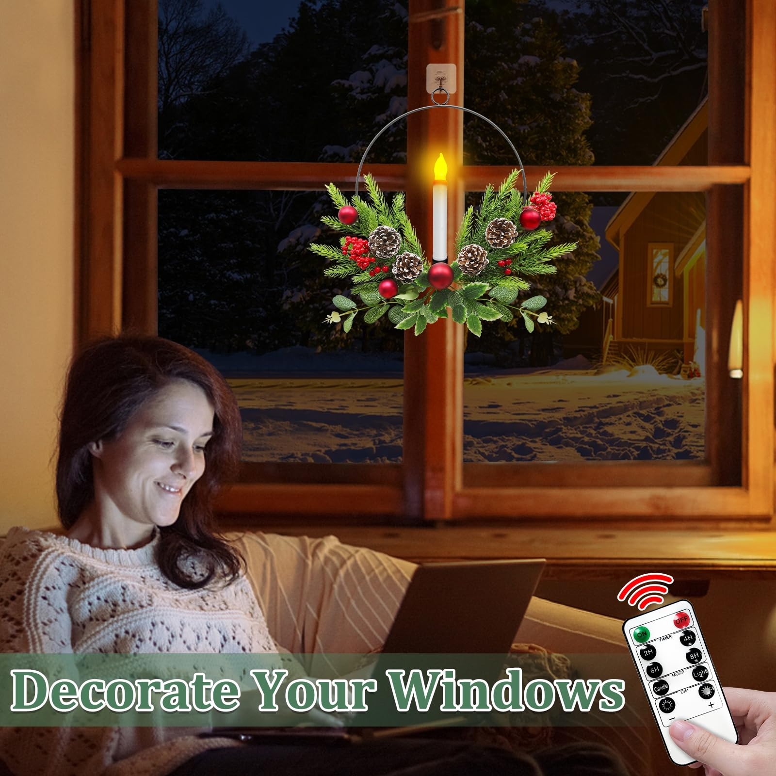 2025 Christmas Front Door & Window Candles Wreaths with Timer Remote