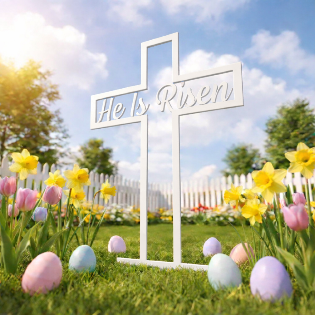 He Is Risen Metal Cross Yard Sign (24")