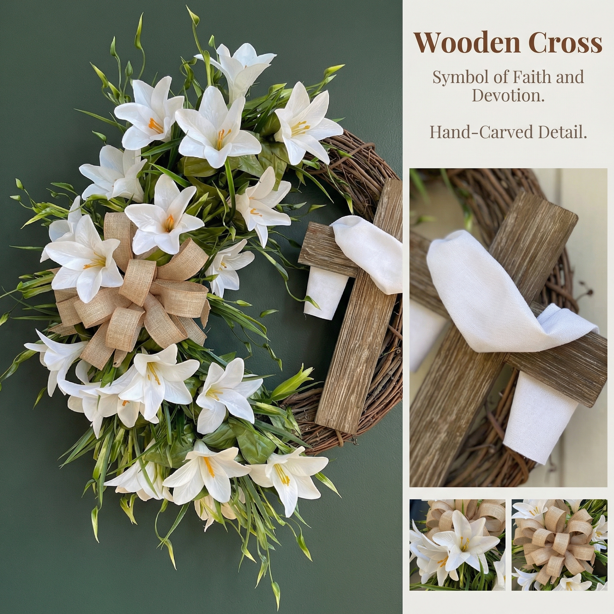 ✝️ Easter “Holy Embrace” White Lilies Crucifix Wreath – 18 Inch
