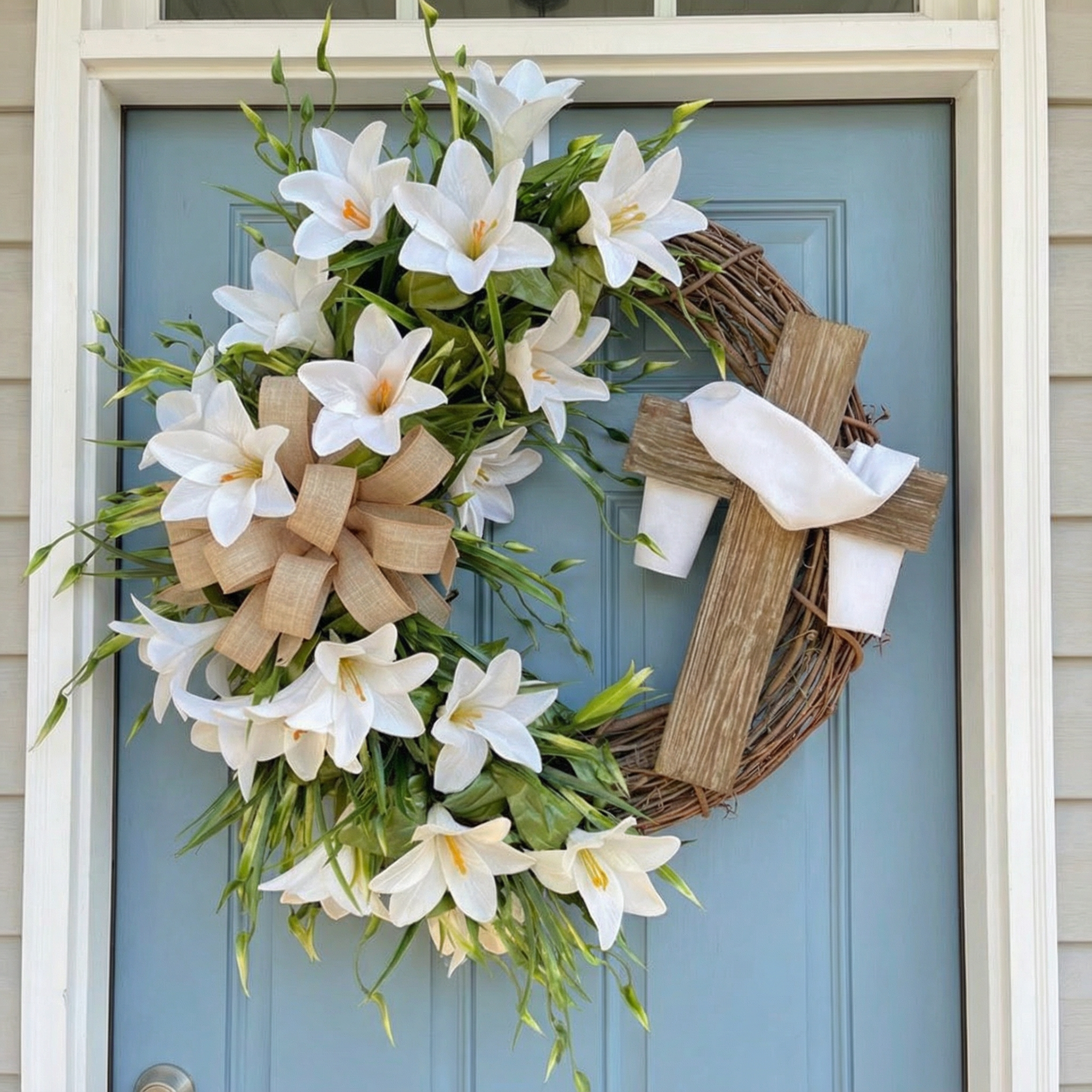 ✝️ Easter “Holy Embrace” White Lilies Crucifix Wreath – 18 Inch