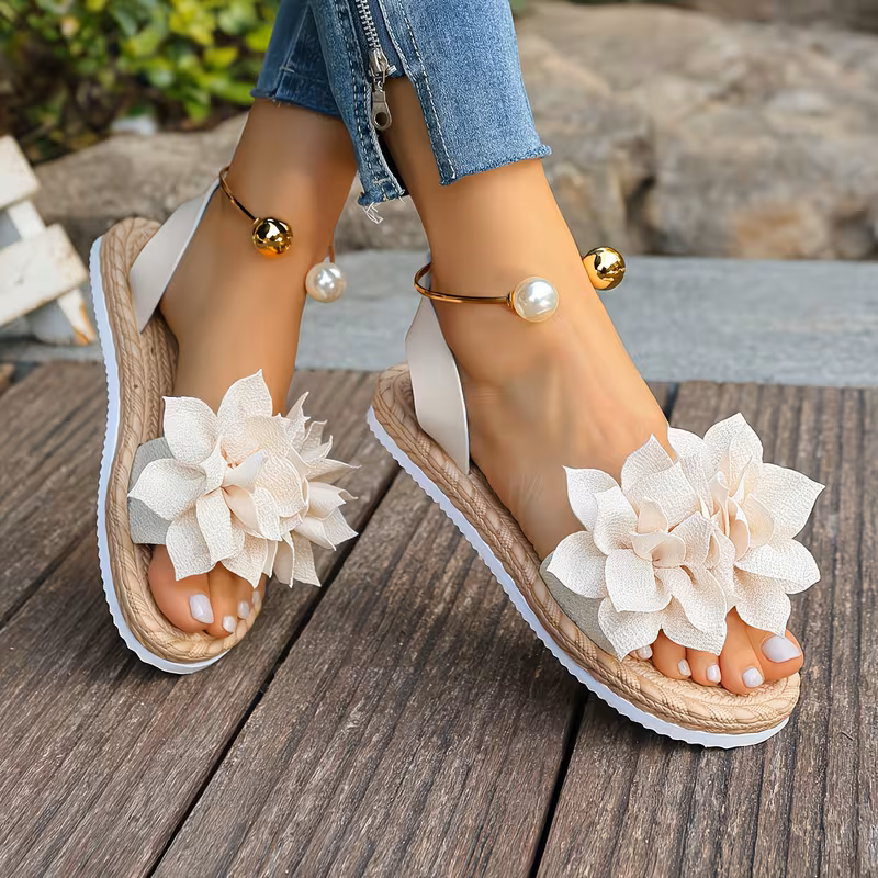 Women’s Floral Comfortable Non-Slip Casual Sandals with Pearl Ankle Strap